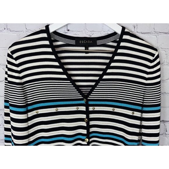ESCADA Vintage 90's Striped Rayon Knit Striped Cardigan Size 36/Small Black Blue - Picture 2 of 9